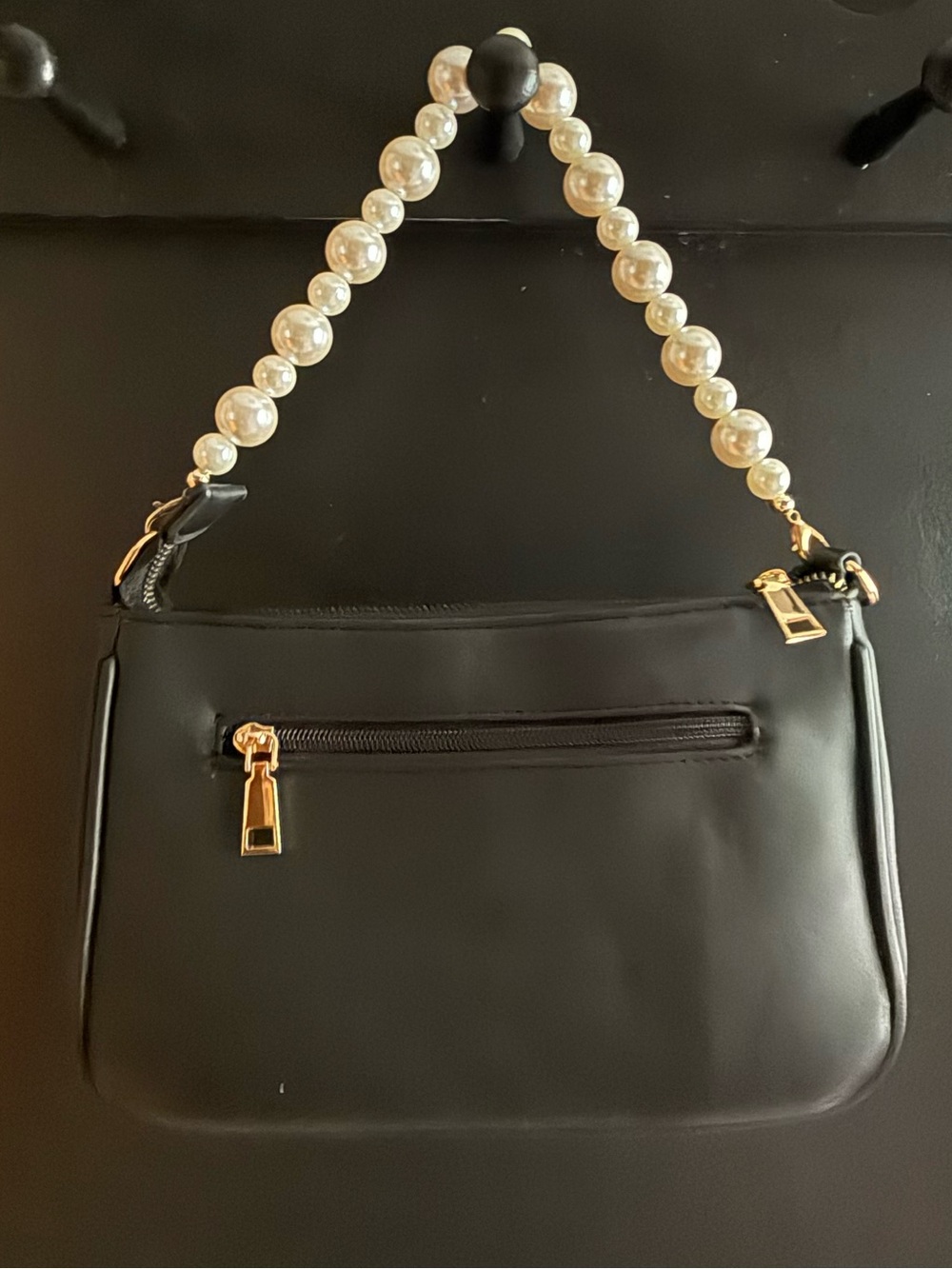 Classic Black Woven Leather-like Crossbody Bag Pearl & Shoulder Strap Coquette - Picture 6 of 7